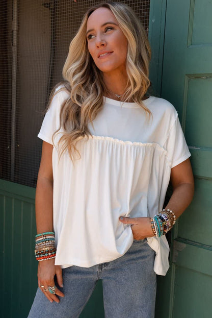 White Solid Color Frilled Loose Babydoll Blouse