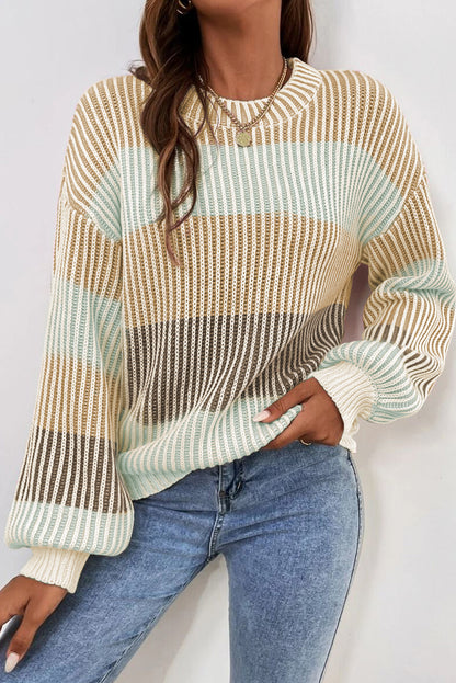 multi Colorblock Lantern Sleeve Rib Knitted Sweater