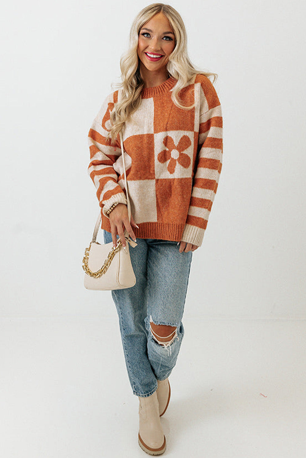 Orchid Petal Checkered and Striped Knitted Sweater