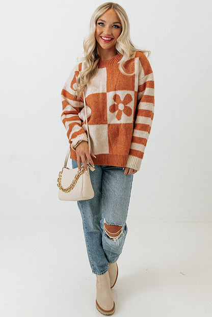 Orchid Petal Checkered and Striped Knitted Sweater