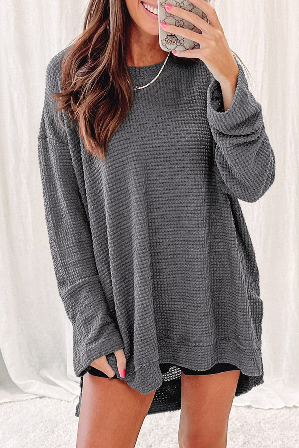 Green Waffle Knit Drop Sleeve High Slits Oversized Top