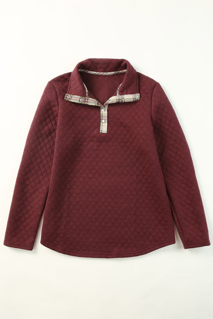 Plaid Geometric Texture Trim Buttons Neck Sweatshirt