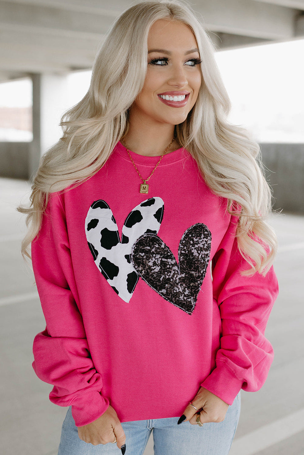 Strawberry Pink Graphic Sequins Heart Patch Sweatshirt