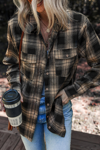 Plaid Double Flap Pocket Brushed Flannel Long Sleeve