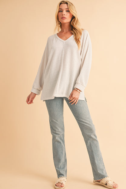 Waffle Knit Side Slits Loose Fit V Neck Top