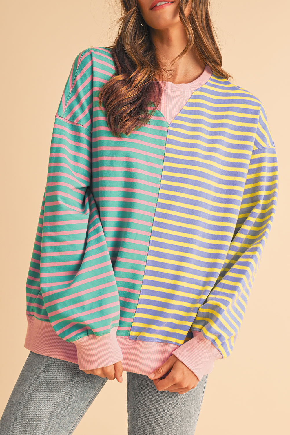 Stripe Colorblock Drop Shoulder Oversize Sweatshirt