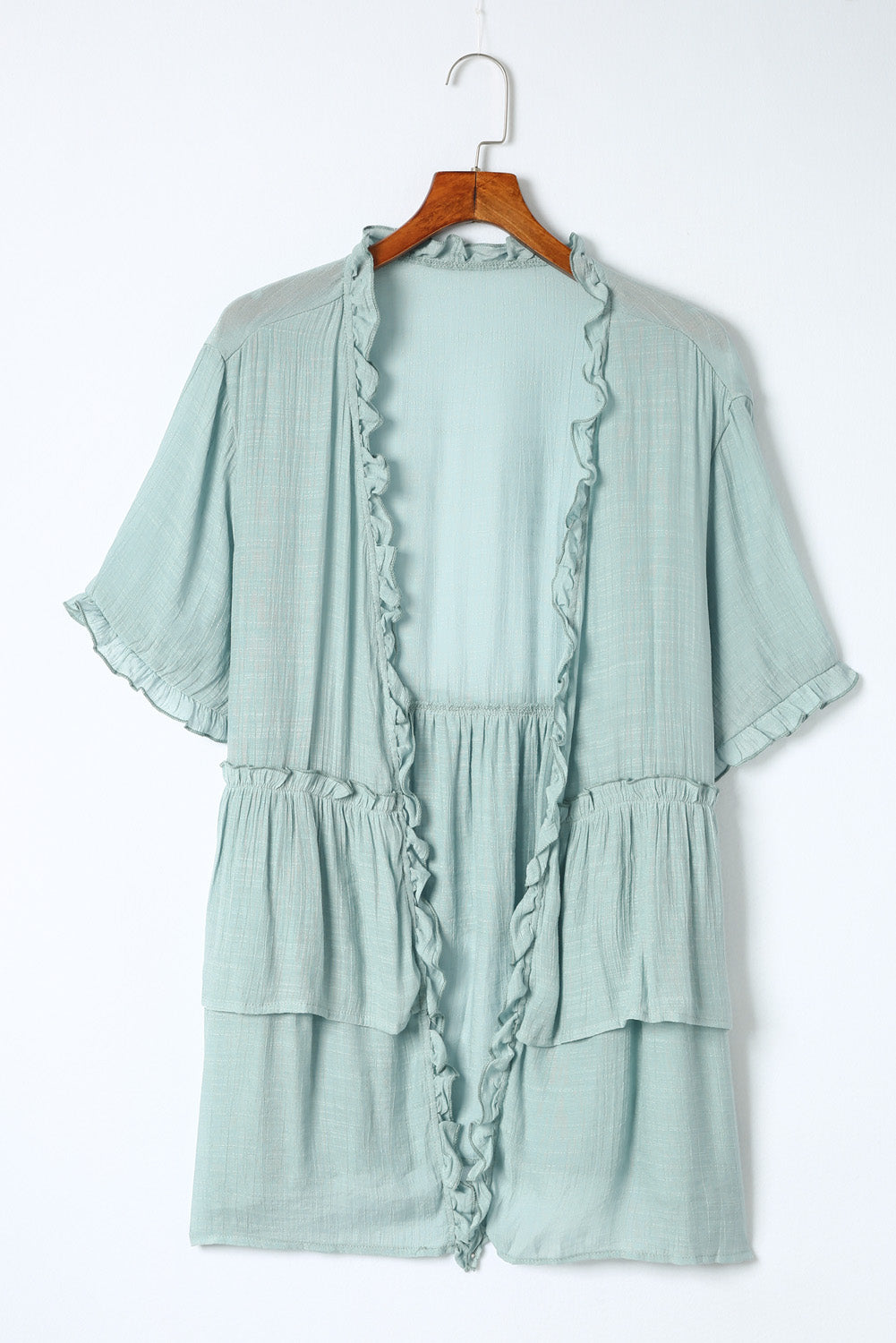 Green Ruffled Trim Short Sleeve Open Front Kimono