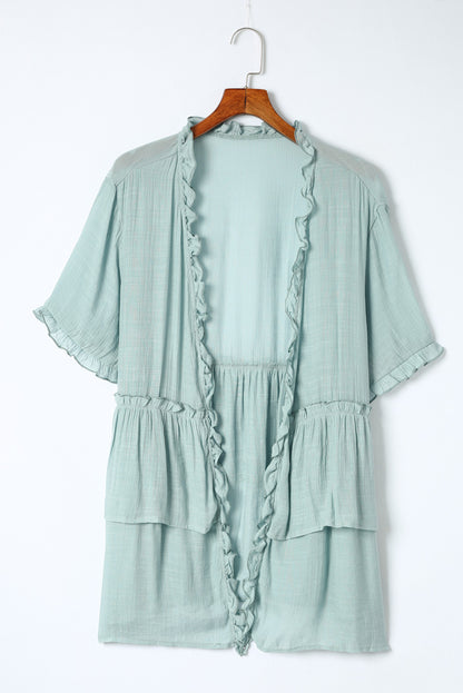 Green Ruffled Trim Short Sleeve Open Front Kimono