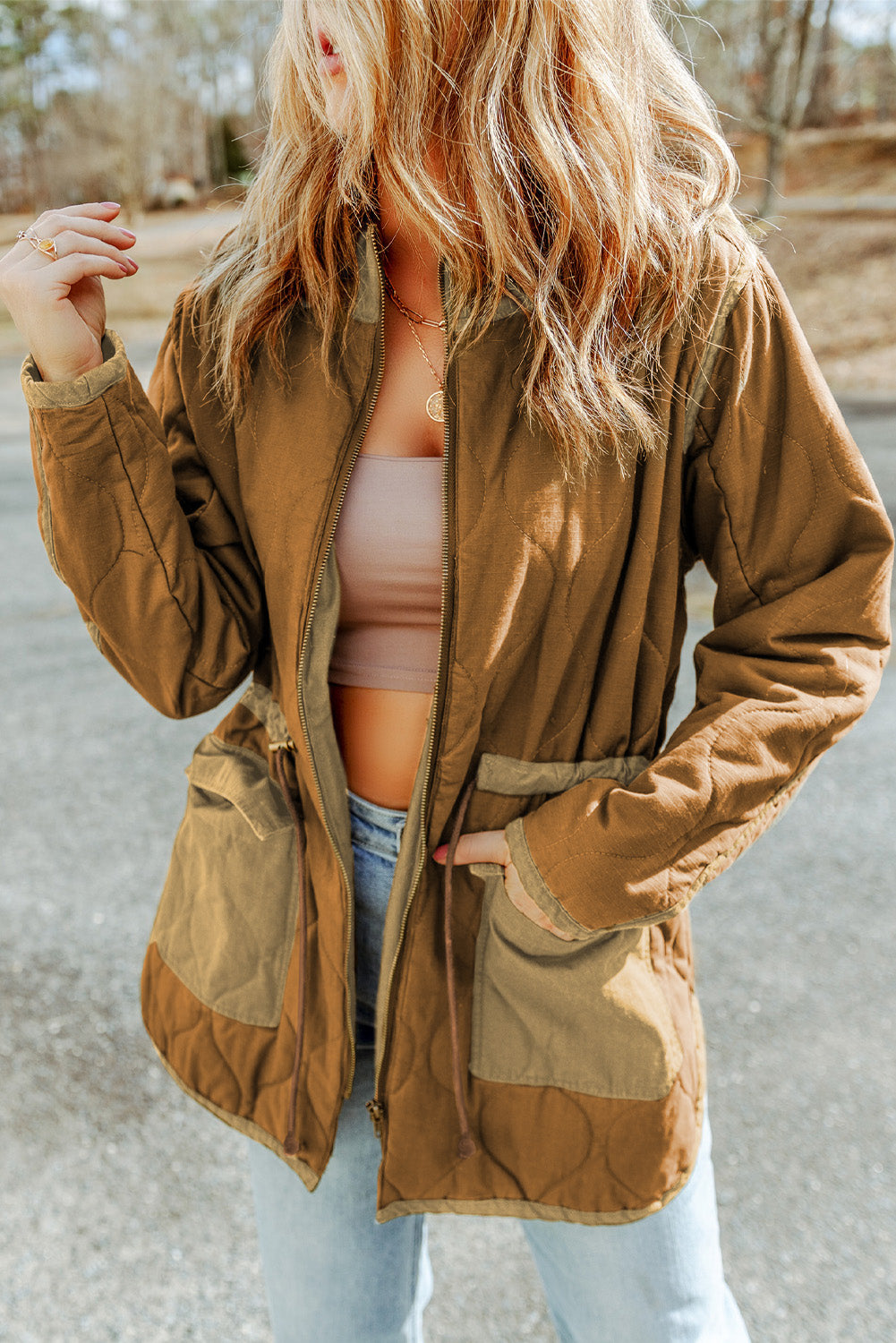 Green Drawstring Waist Quilted Jacket with Pocket