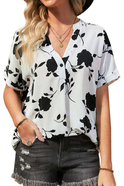 Floral Print Casual Roll Up Sleeve Blouse