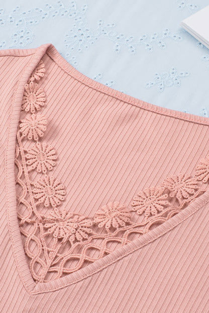 Crochet Cap Sleeve Ribbed V Neck Summer Top