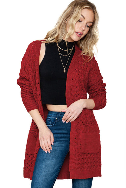 Brown Woven Texture Open Front Pockets Knit Cardigan