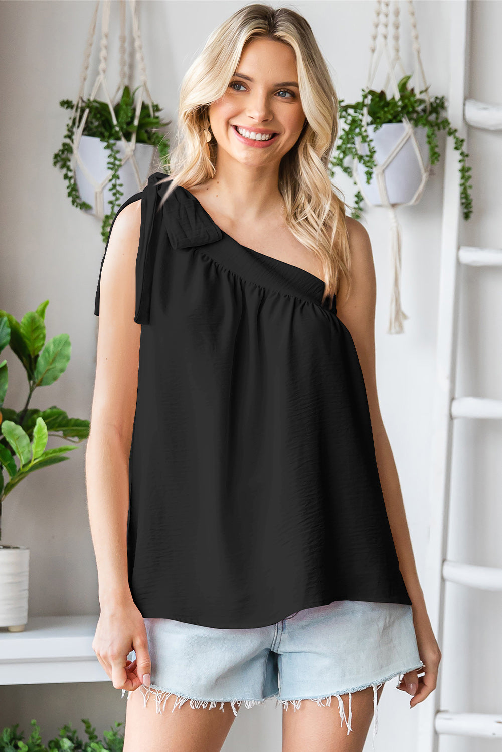 Casual Sleeveless One Shoulder Silk Top