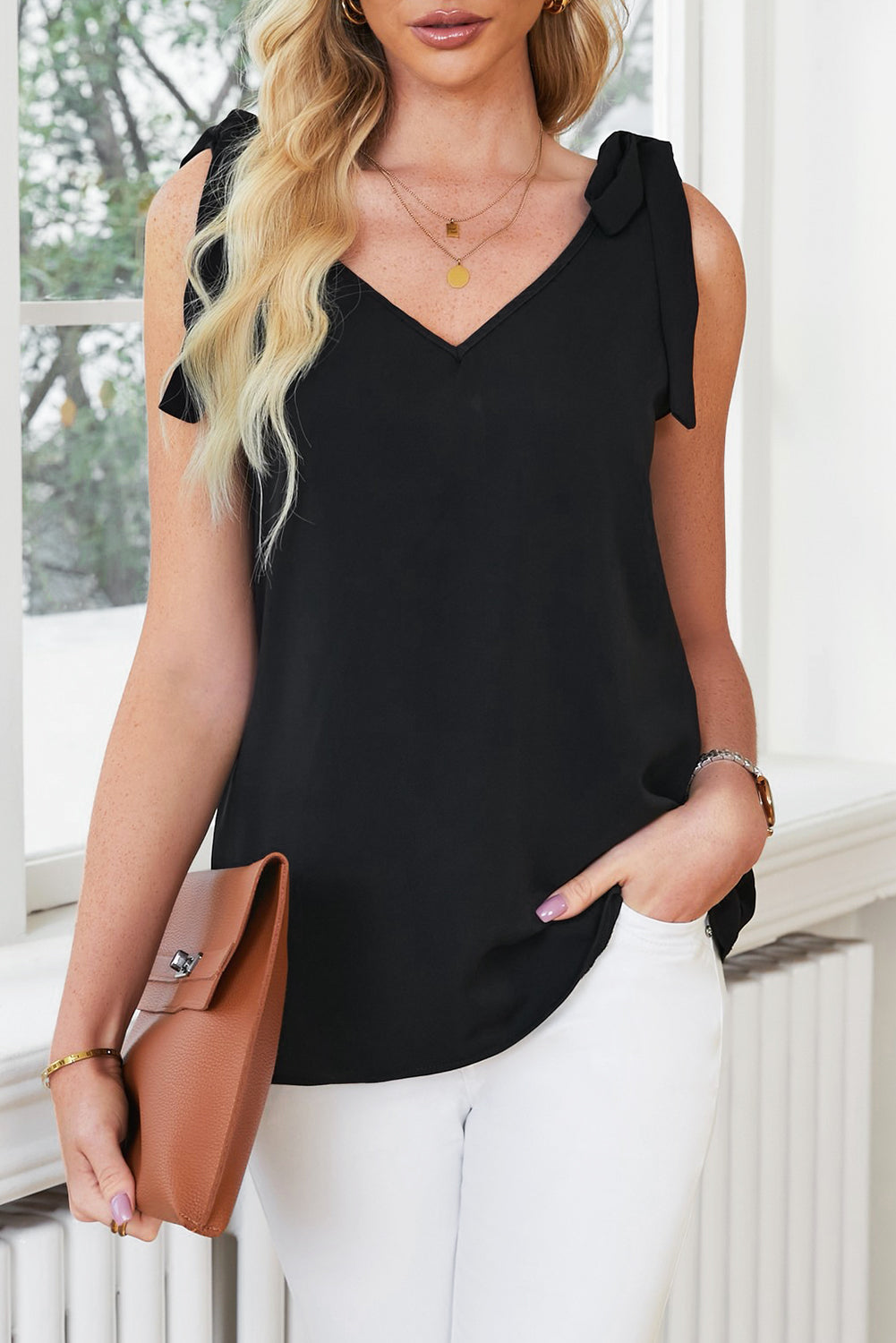 Tie Shoulder Casual V Neck Sleeveless Shirt