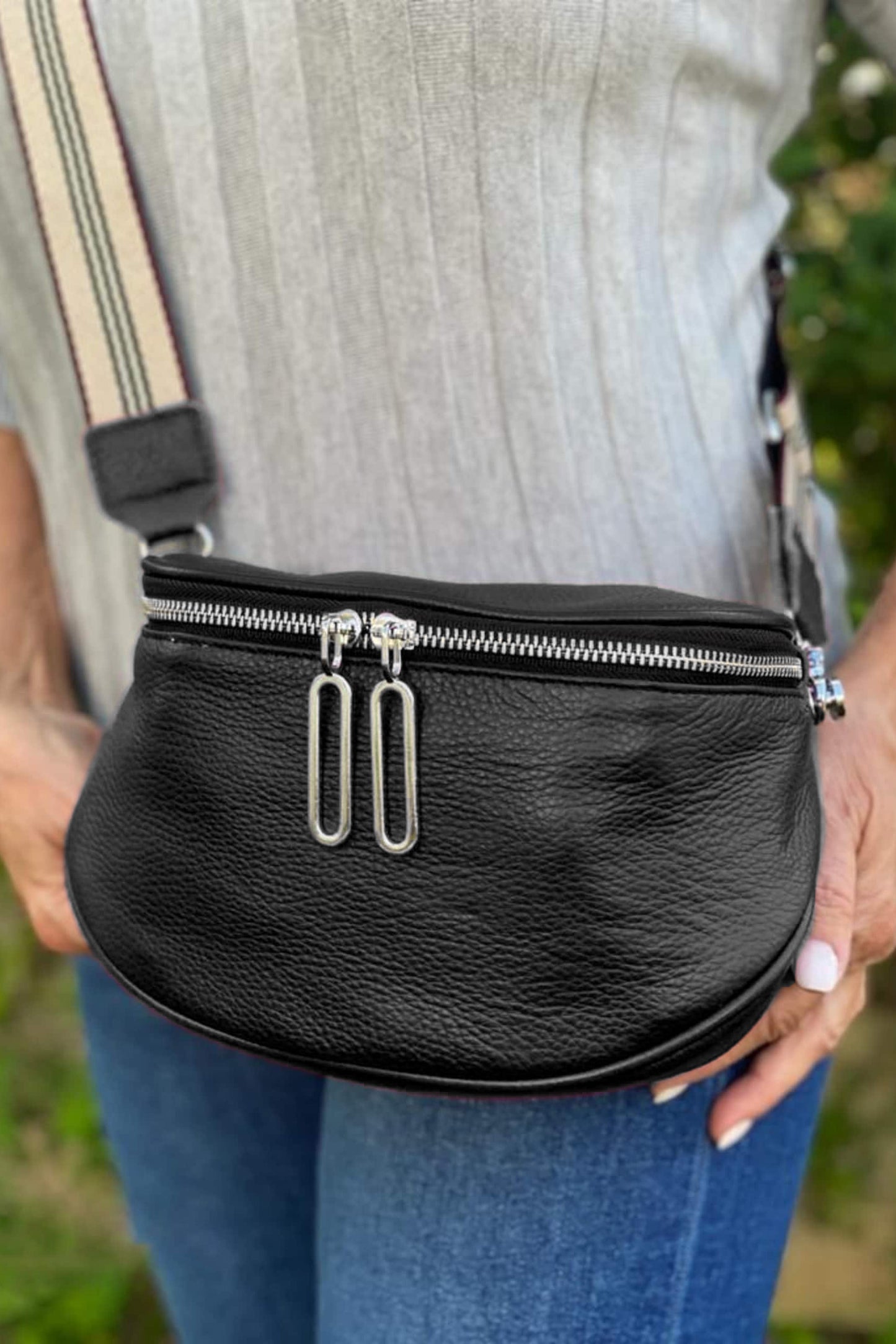 Striped Strap Zipper PU Leather Crossbody Bag