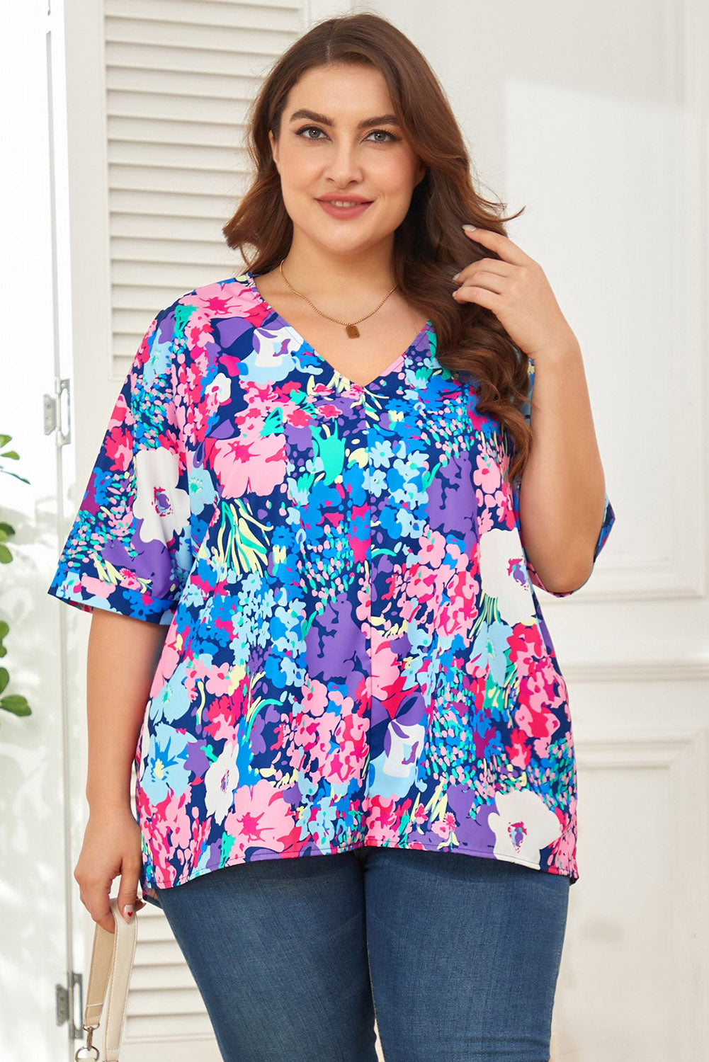 Multicolor V Neck Dolman Sleeve Plus Size Floral Blouse