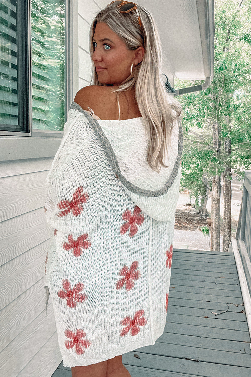 Apricot Floral Print Loose Knit Hooded Sweater