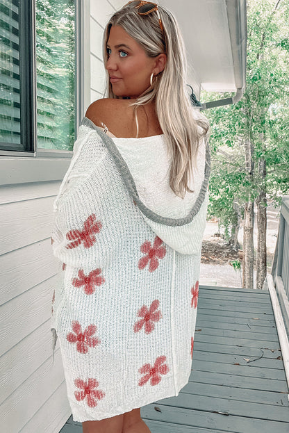 Apricot Floral Print Loose Knit Hooded Sweater