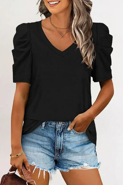 Puff Sleeve Casual V Neck T-Shirt
