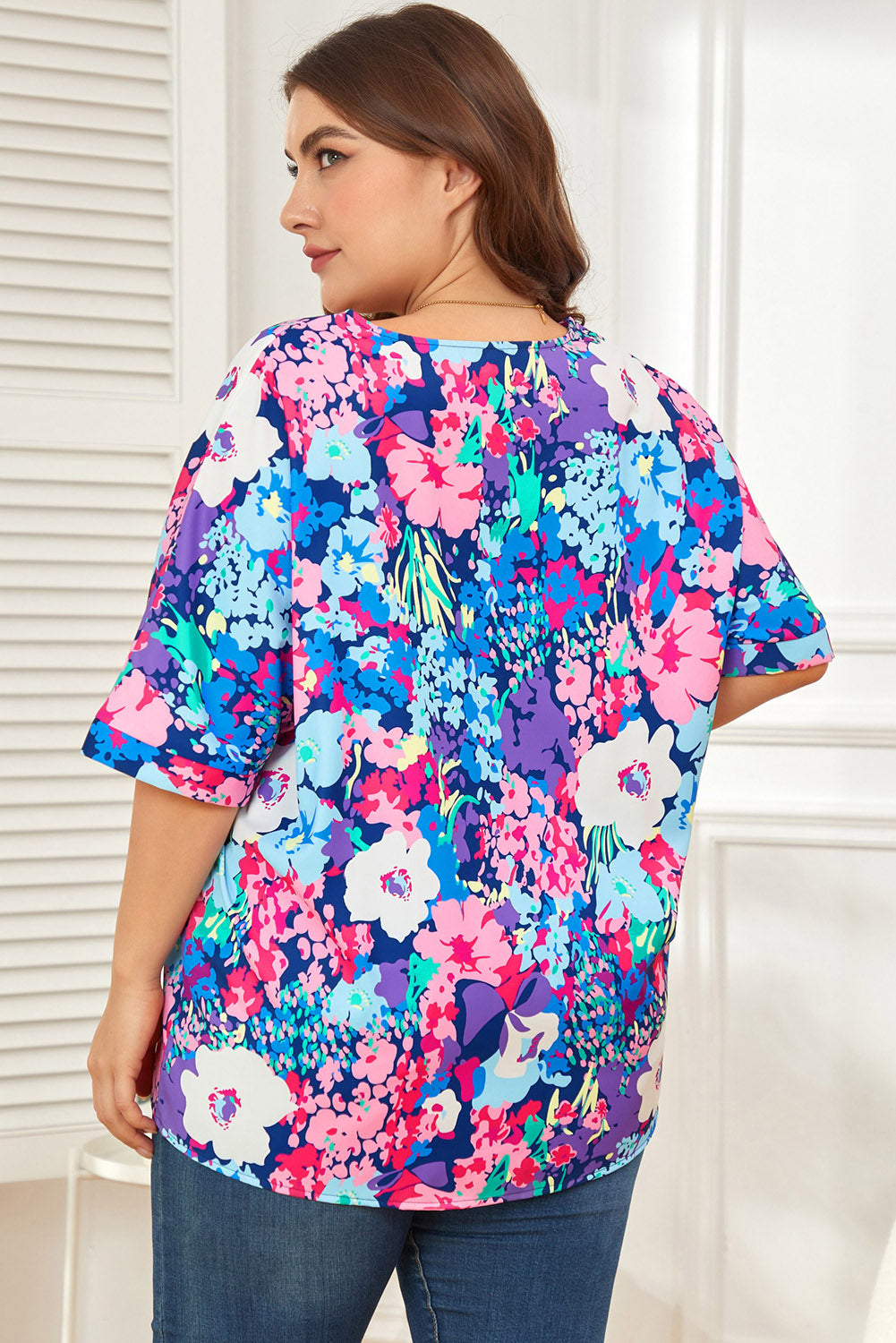 Multicolor V Neck Dolman Sleeve Plus Size Floral Blouse