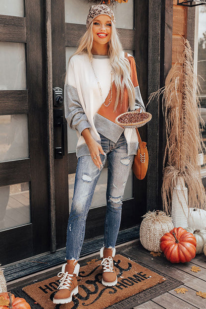 Pink Colorblock Stitching Irregular Hem Long Sleeve Top