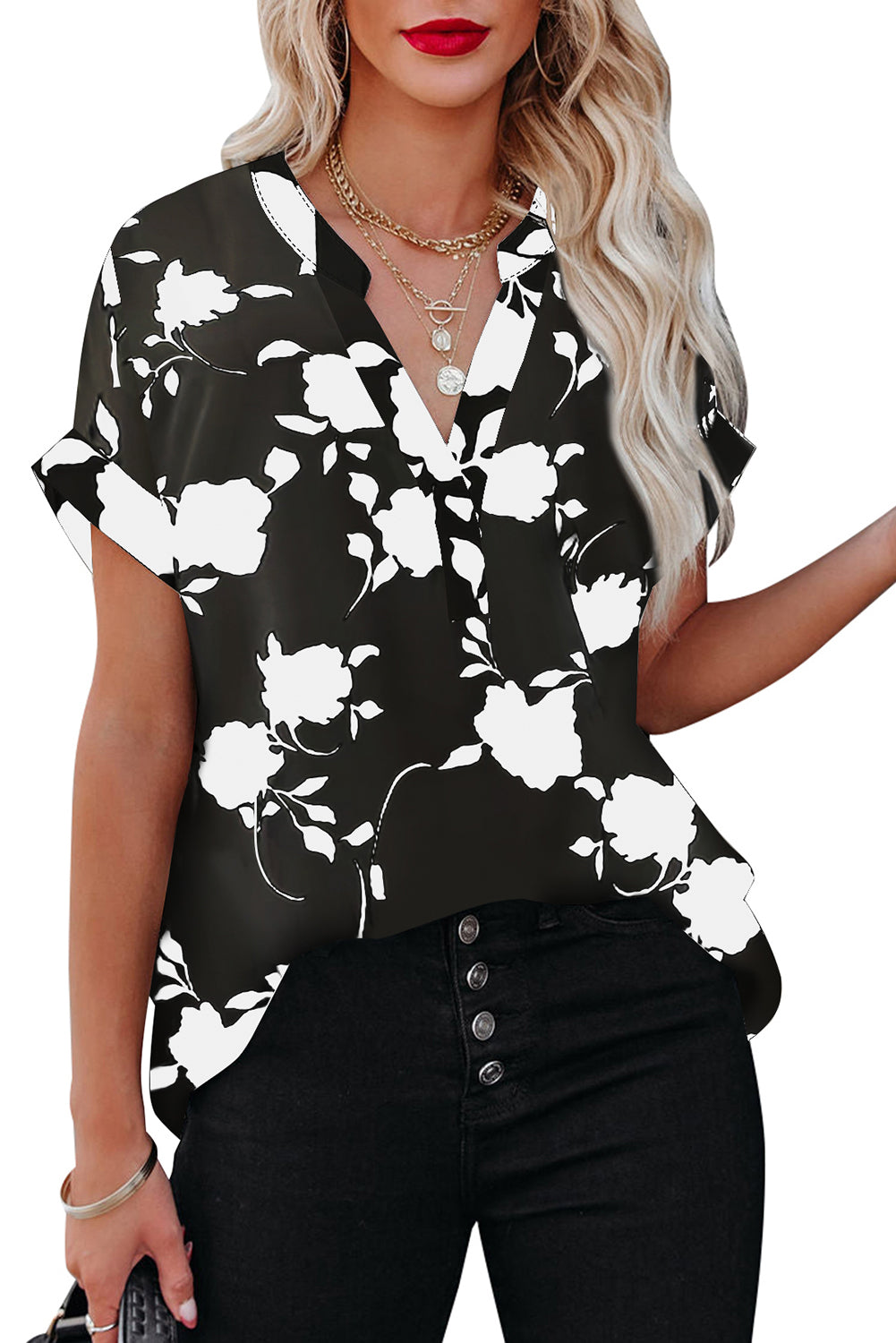 Floral Print Casual Roll Up Sleeve Blouse