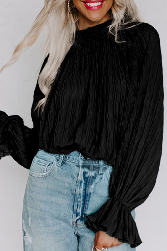 Black Crinkle Frilled Neck Pleated Long Sleeve Blouse
