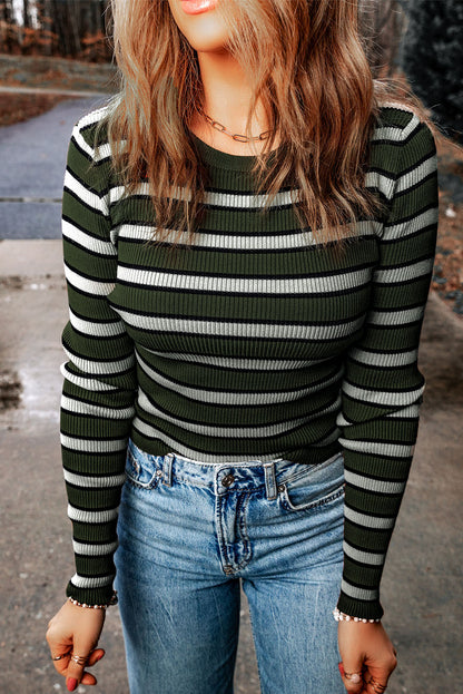 Green Striped Print Ribbed Knit Slim Fit Top