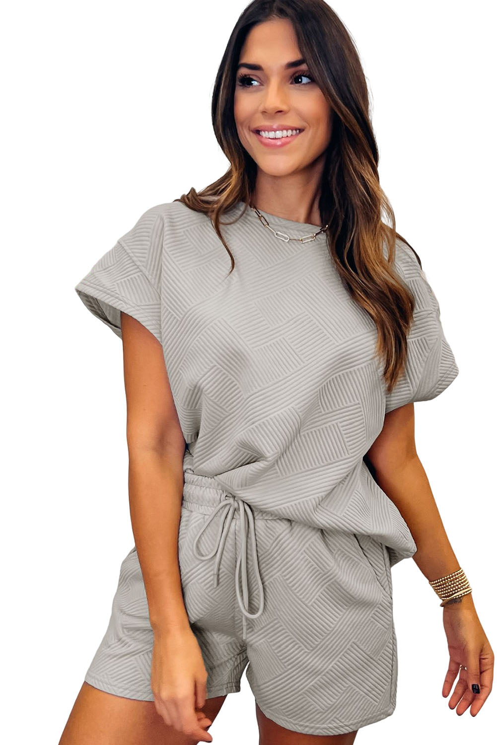 Apricot 2Pcs Solid Textured Drawstring Shorts Set