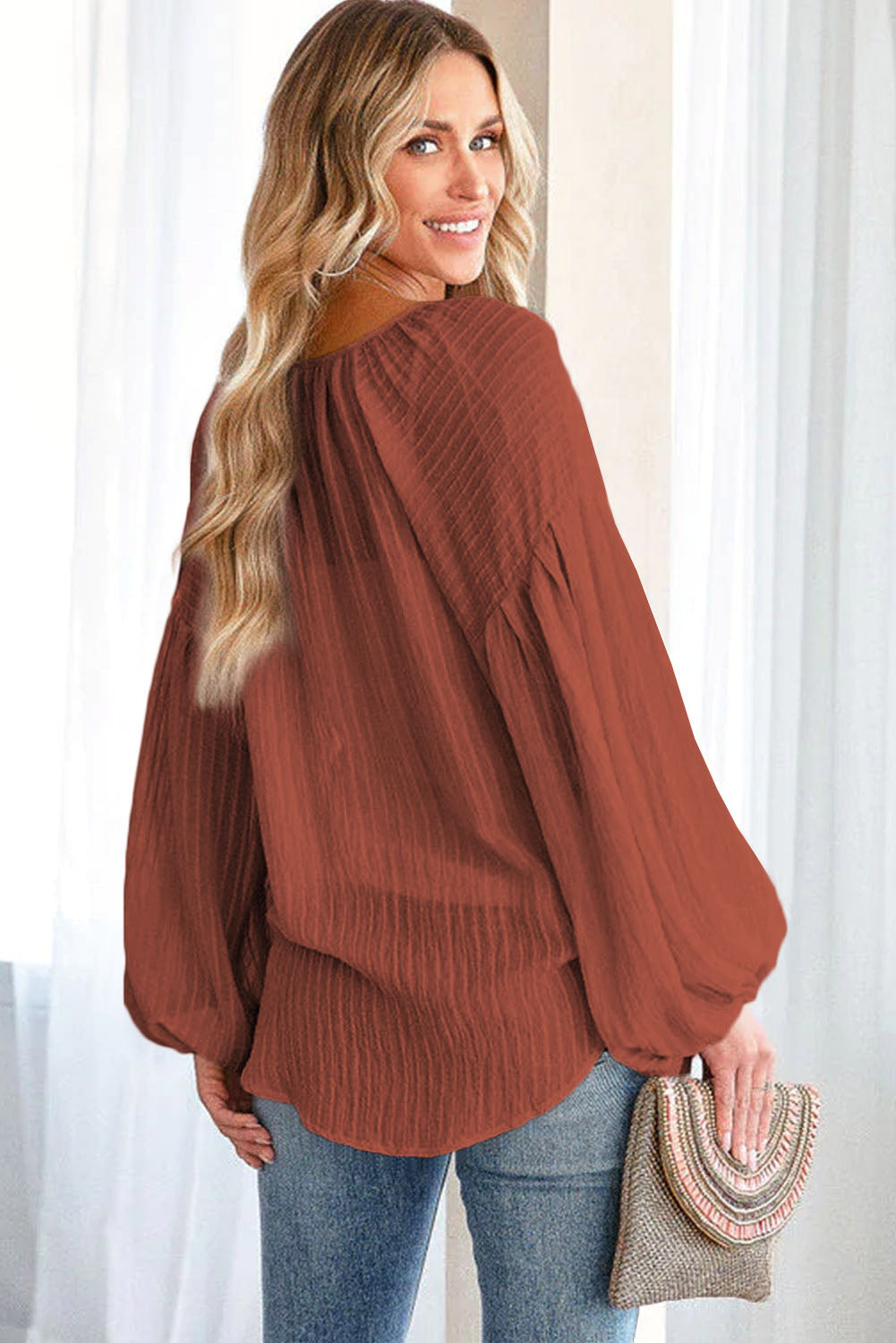 Brown Lantern Sleeve Tassel Drawstring Tie Blouse