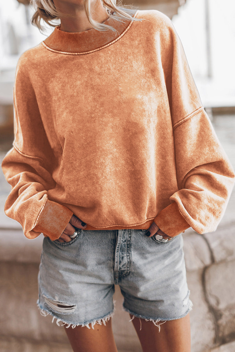 Red Drop Shoulder Crewneck Washed Pullover Sweatshirt