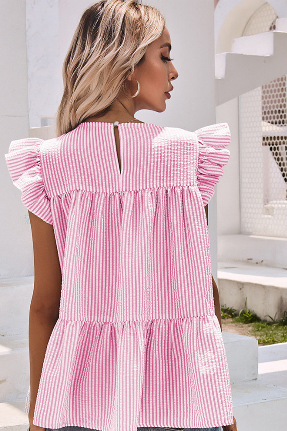Striped Ruffle Tiered Sleeveless Shirt