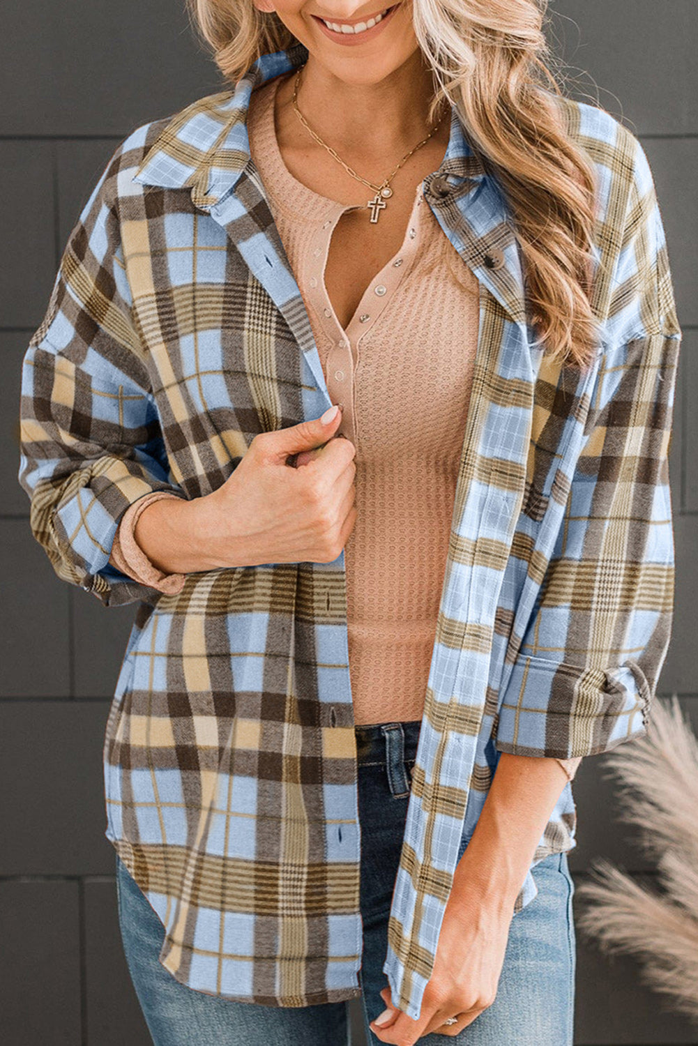 Orange Drop Shoulder Rounded Hem Plaid Pattern Shirt