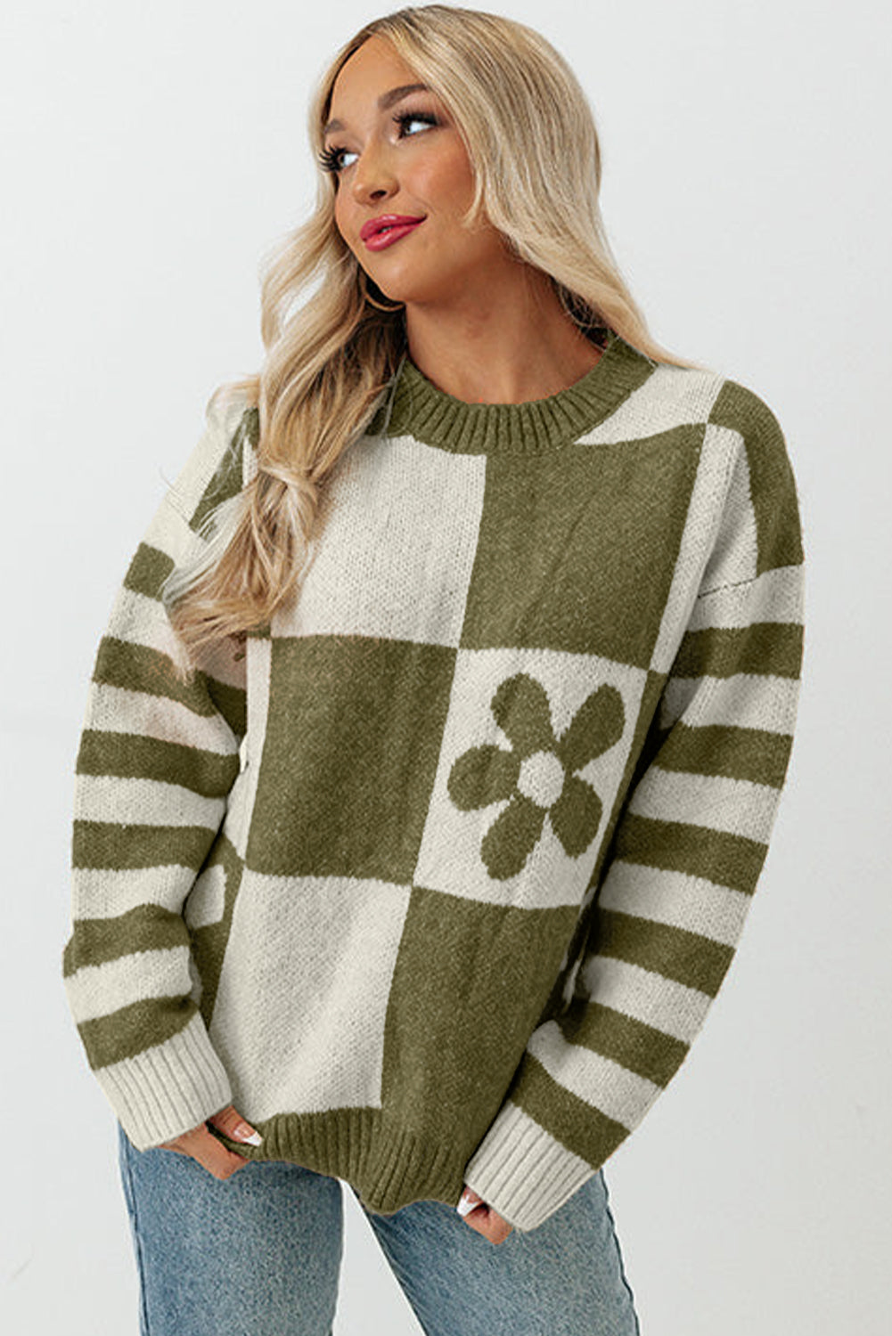 Orchid Petal Checkered and Striped Knitted Sweater