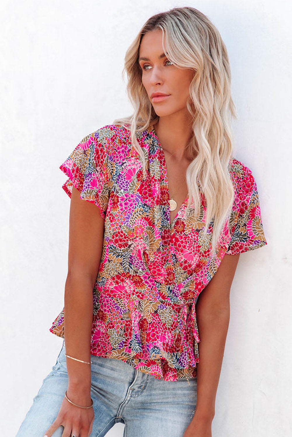 Multicolor Floral Print Smocked Cuffs Long Sleeve Blouse