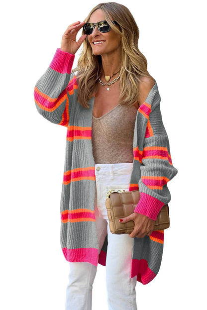 Grey Striped Colorblock Rib Knit Drop Sleeve Long Cardigan