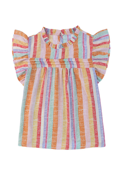 Multicolor Striped Color Block Frill Neck Ruffle Blouse