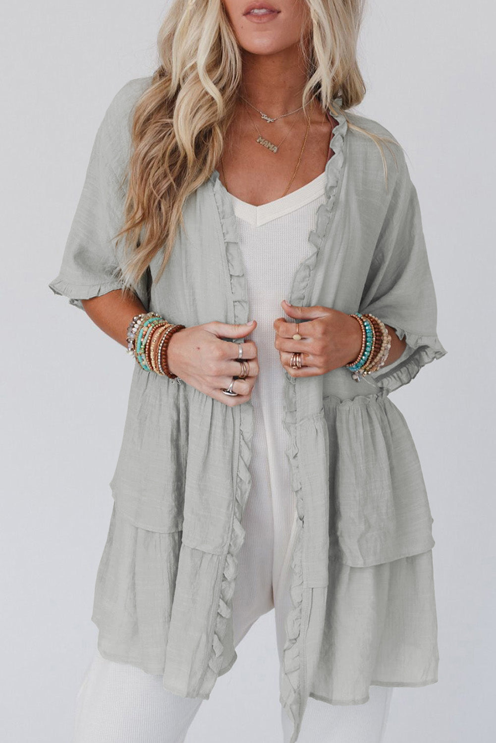 Green Ruffled Trim Short Sleeve Open Front Kimono