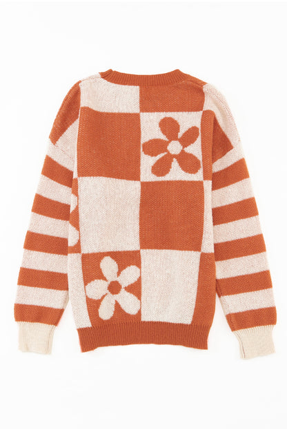 Orchid Petal Checkered and Striped Knitted Sweater