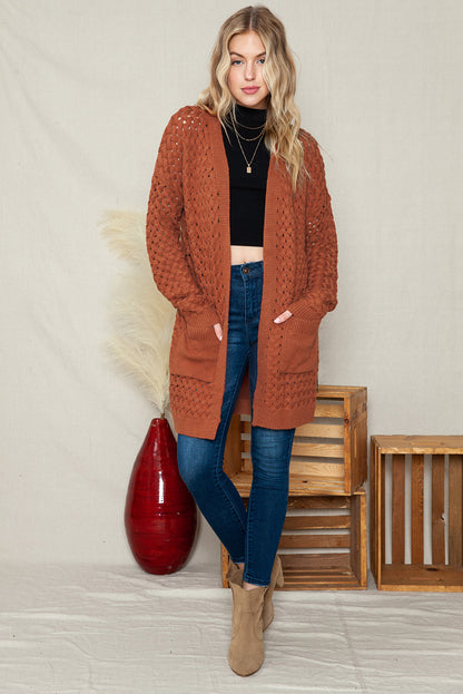 Brown Woven Texture Open Front Pockets Knit Cardigan