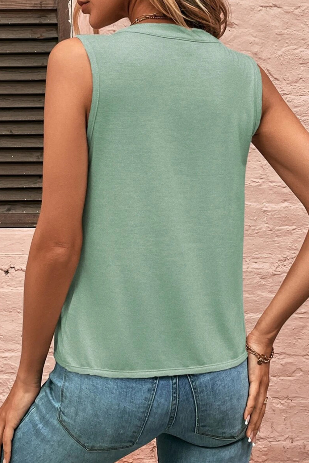 Green Solid V Neck Pleat Sleeveless Shirt