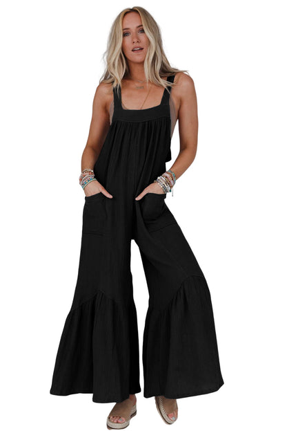 Black Solid Color Pockets Pleated Flare Leg Jumpsuit
