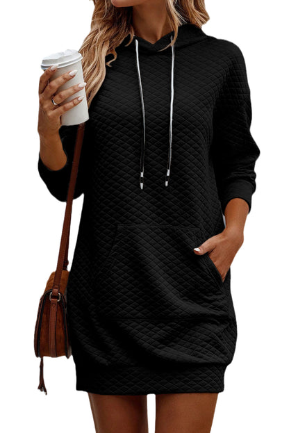 Parchment Drawstring Kangaroo Pocket Quilted Hooded Dress