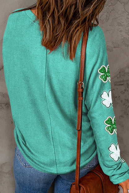 Gray Sequin St Patrick Clover Patched Graphic Long Sleeve Tee