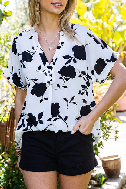 Floral Print Casual Roll Up Sleeve Blouse