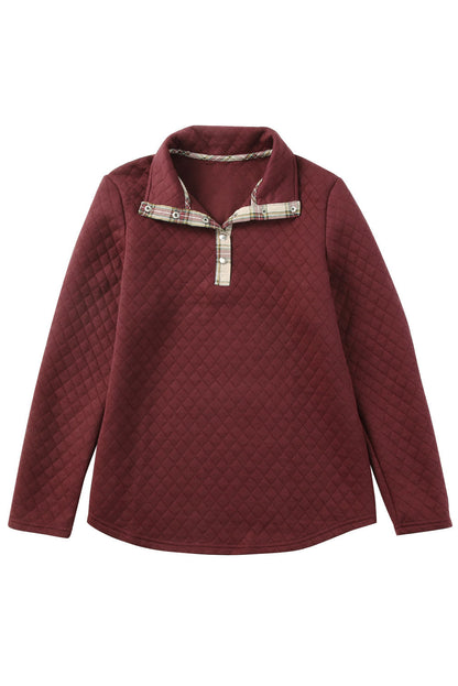 Plaid Geometric Texture Trim Buttons Neck Sweatshirt