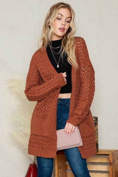 Brown Woven Texture Open Front Pockets Knit Cardigan