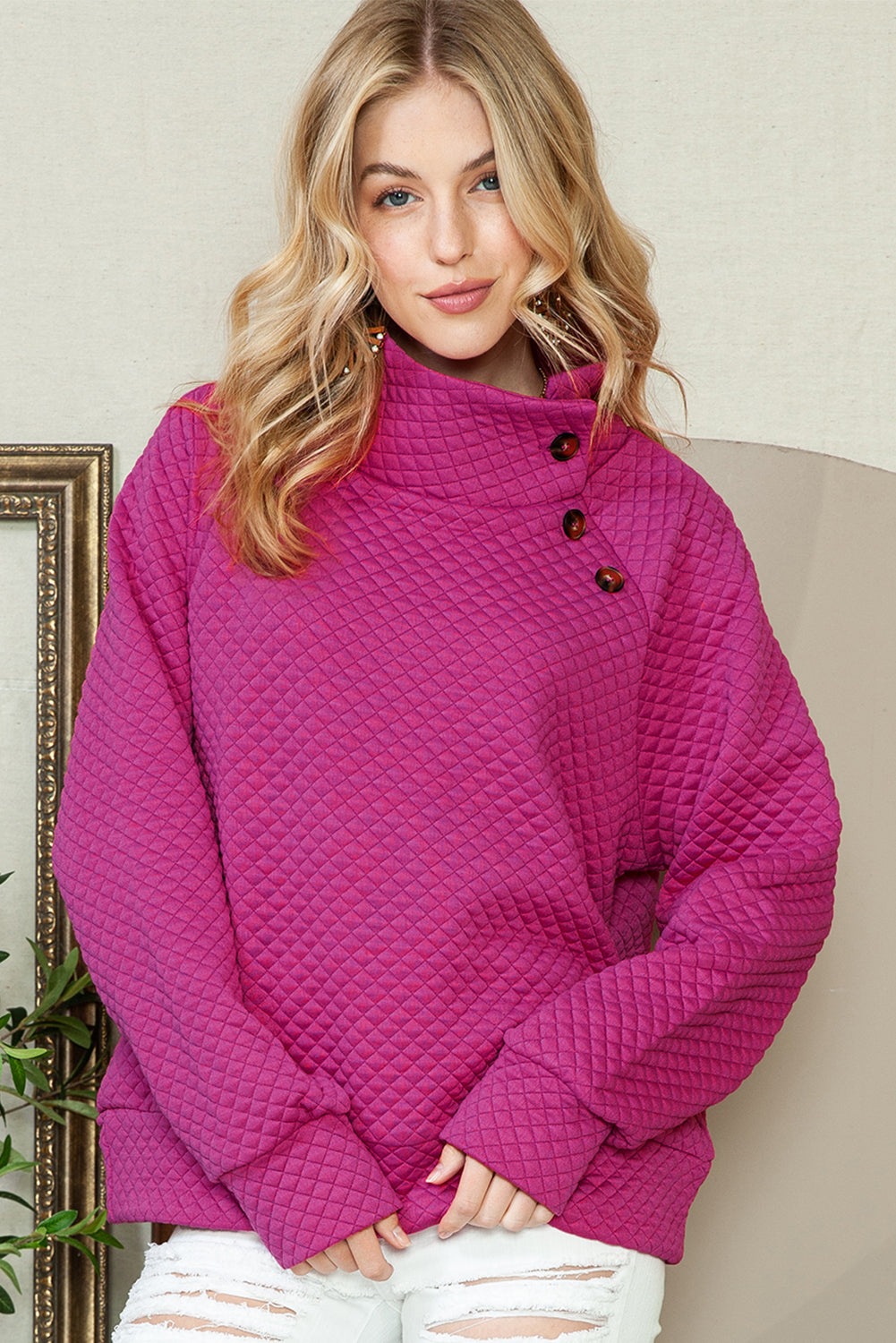 Quilted Buttoned Neck Pullover Sweatshirt