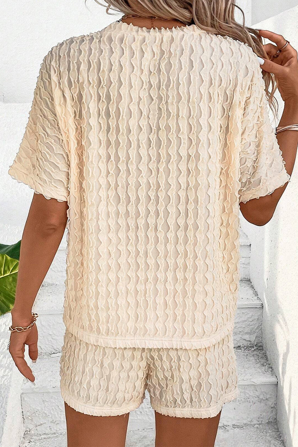 Frill Textured Tee and Drawstring Shorts Set