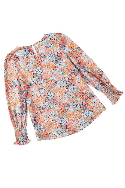 Multicolor Floral Print Smocked Cuffs Long Sleeve Blouse